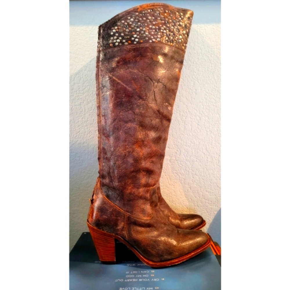 Frye Distressed Leather Embellished Knee Boots; Size 8 - Picture 5 of 8